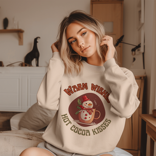 Cozy Christmas sweatshirt with 'Warm Wished Hot Cocoa Kisses' design featuring a steaming cup of hot cocoa and marshmallows in a sand sweatshirt. Lifestyle Mockup photo of a girl wearing the sweatshirt